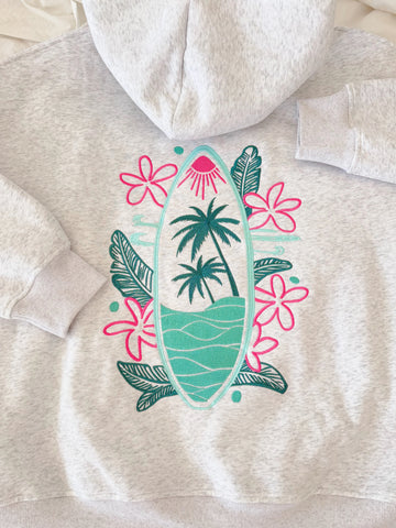 Pearl Grey Embroidered Hoodie with Surf Wave Design for Effortless Street Style