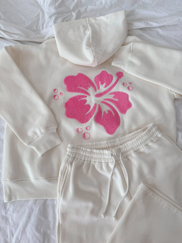 Ivory Floral Hoodie with Hibiscus Print for Everyday Boho Style