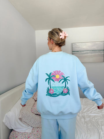 Icy Blue Embroidered Hibiscus Sweatshirt for Beachy Street Style