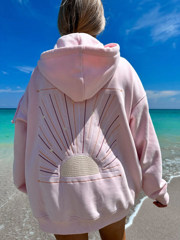 Soft Pink Sunset Rays Embroidered Hoodie for Cozy Everyday Style