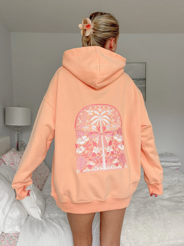 Vibrant Sherbet Orange Hoodie with Tropical Palms Print