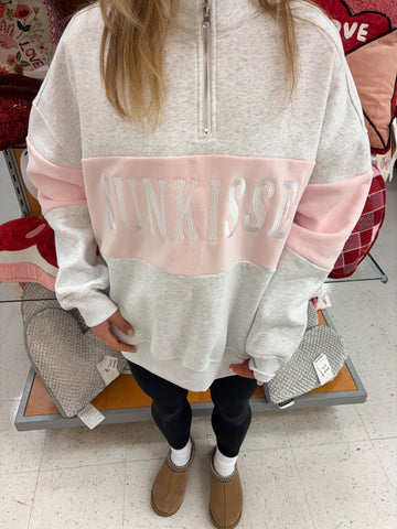 Pearl Grey Quarter Zip Sweatshirt with Pink Floral Embroidery