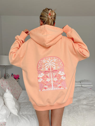 Vibrant Sherbet Orange Hoodie with Tropical Palms Print