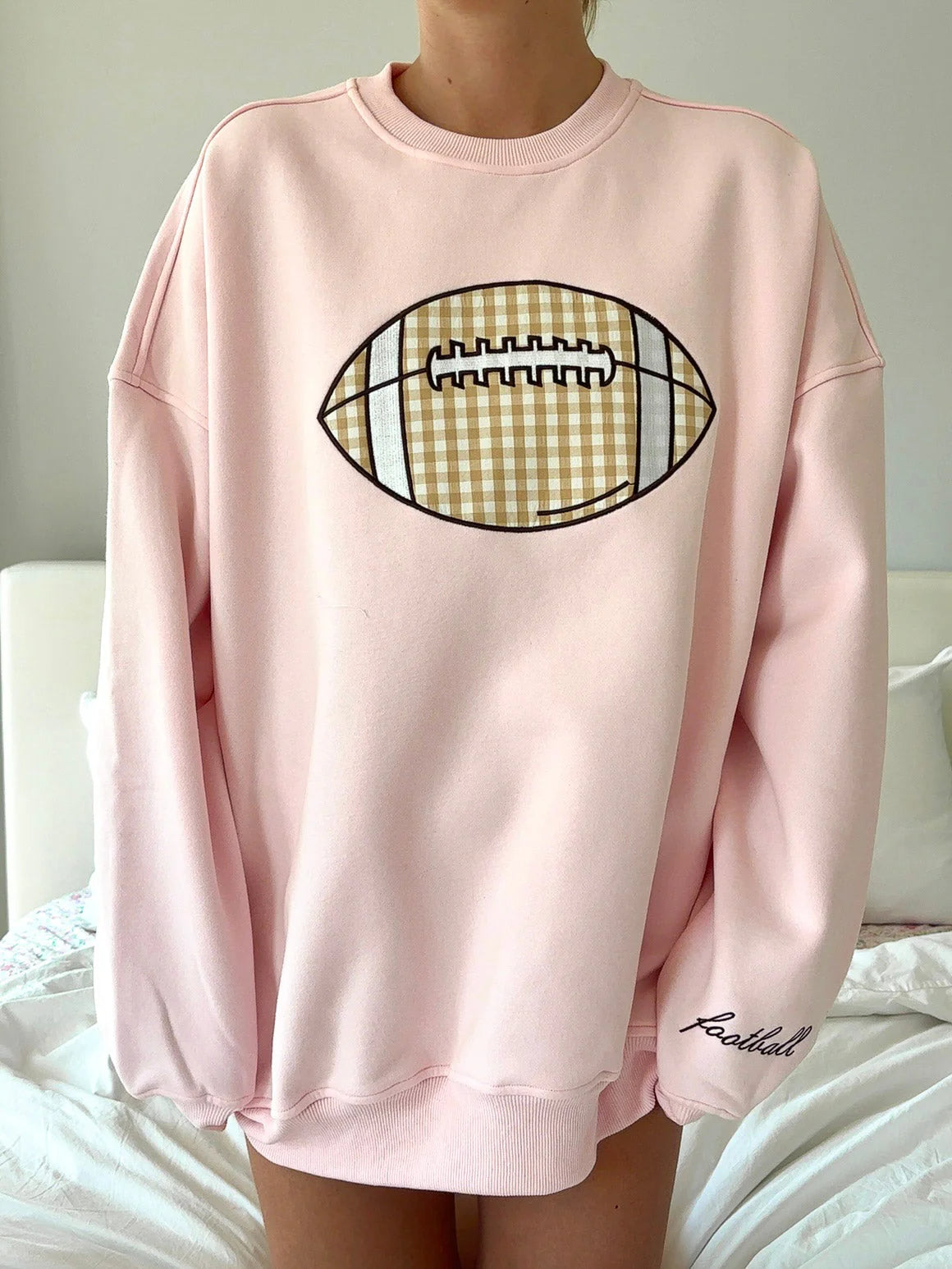 Soft Pink Gingham Football Embroidered Sweatshirt for Game Day Style