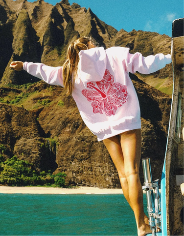 Blush Pink Hoodie with Embroidered Hawaiian Hibiscus Flower