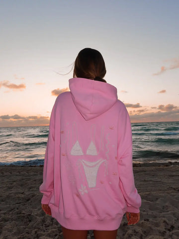 Oversized Pink Beaded Hoodie for Effortless Beachside Style