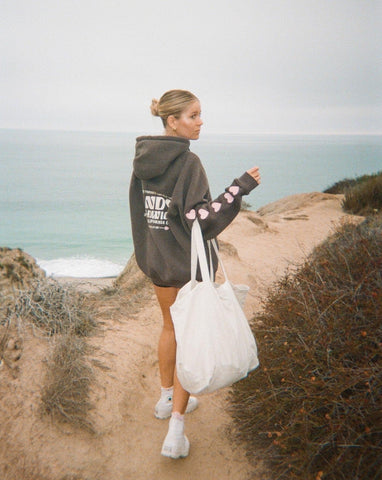 Oversized Charcoal Gray Hoodie with Heart Sleeve Detail for Cozy Everyday Style