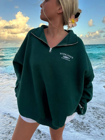 Cozy Winter Green Quarter Zip Sweatshirt with Embroidered Detail
