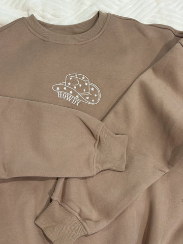 Cozy Embroidered Sweatshirt with Playful Cappuccino Howdy Design