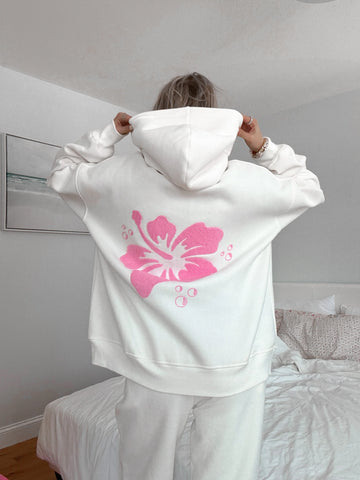 Ivory Floral Hoodie with Hibiscus Print for Everyday Boho Style