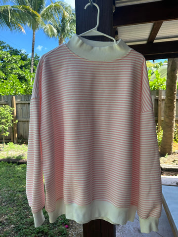Soft Pink and White Striped Mock Neck Sweatshirt for Effortless Everyday Style