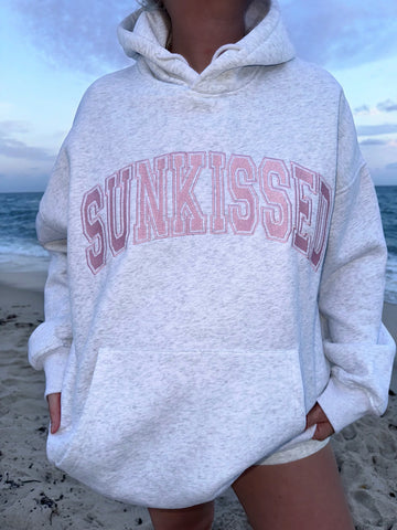 Pearl Grey Embroidered Varsity Hoodie with Pink Stitching