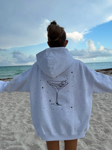 Cozy Pearl Grey Hoodie with Embroidered Martini Dice Design