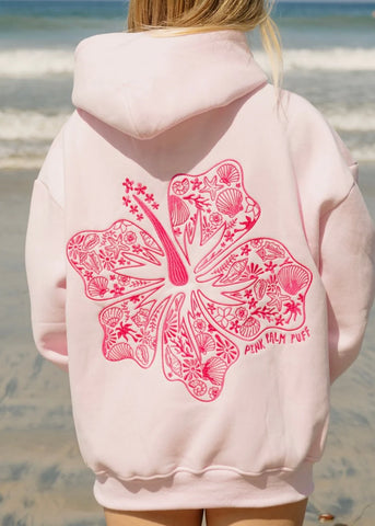 Blush Pink Hoodie with Embroidered Hawaiian Hibiscus Flower