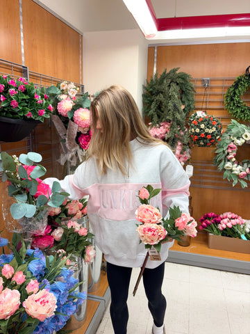 Pearl Grey Quarter Zip Sweatshirt with Pink Floral Embroidery