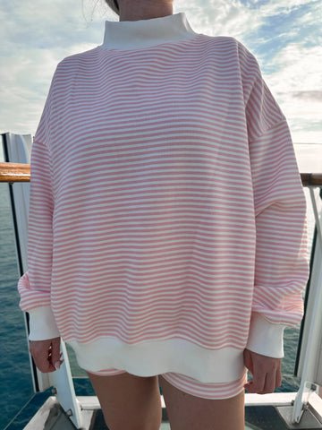 Soft Pink and White Striped Mock Neck Sweatshirt for Effortless Everyday Style