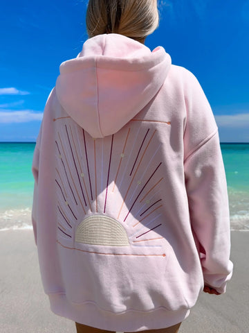 Soft Pink Sunset Rays Embroidered Hoodie for Cozy Everyday Style