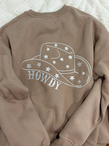 Cozy Embroidered Sweatshirt with Playful Cappuccino Howdy Design