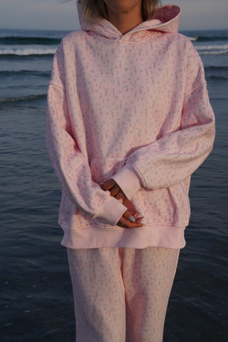 Blush Pink Floral Hoodie with Ditsy Blue Blooms for Cozy Everyday Style