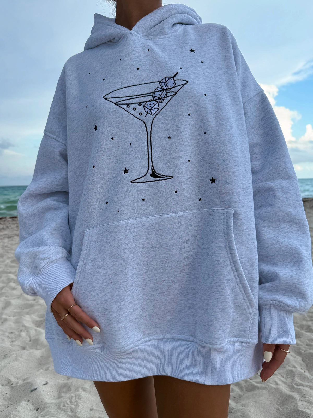 Cozy Pearl Grey Hoodie with Embroidered Martini Dice Design