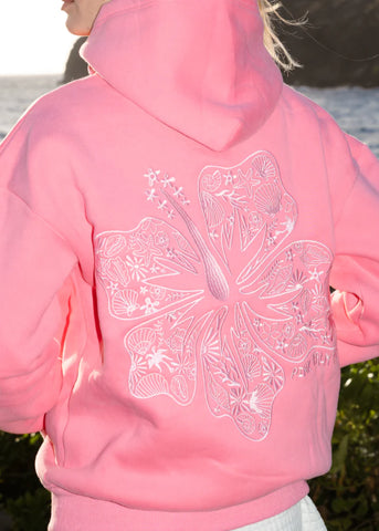 Sonic Pink Hoodie with Embroidered Hawaiian Hibiscus Flower