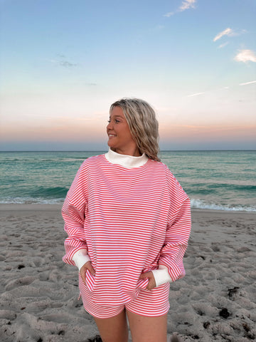 Bold Striped Mockneck Sweatshirt in Dark Pink and White for a Cozy Statement