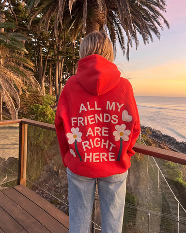Vintage Stitched Friendship Hoodie in Red for Cozy Everyday Style