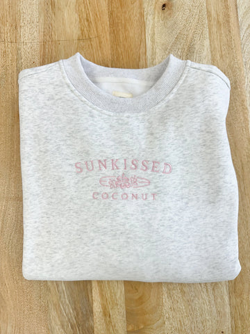 Pearl Grey Embroidered Sweatshirt with Pink Floral Thread