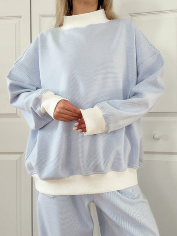Mini Striped Mockneck Sweatshirt in Blue and White for Effortless Layering