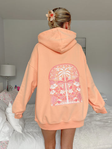 Vibrant Sherbet Orange Hoodie with Tropical Palms Print