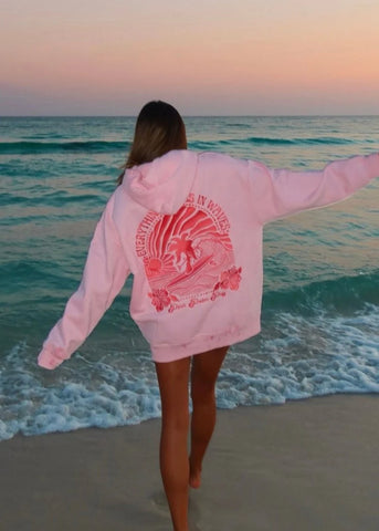 Pink Embroidered Hoodie with Inspirational Wave Design for Everyday Comfort