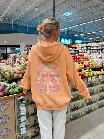 Vibrant Sherbet Orange Hoodie with Tropical Palms Print
