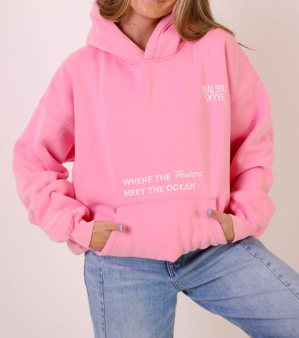 Bubblegum Pink Embroidered Hoodie with Coastal Floral Design