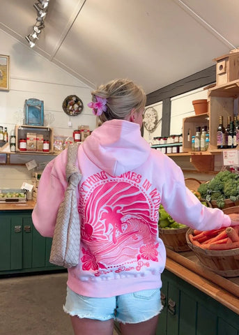 Pink Embroidered Hoodie with Inspirational Wave Design for Everyday Comfort