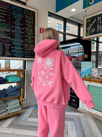Tropical Embroidery Hoodie in Vibrant Hibiscus Pink for Boho Summer Style