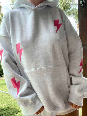 Pearl Grey Embroidered Lightning Bolt Hoodie for Effortless Street Style