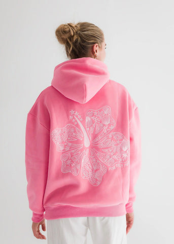 Sonic Pink Hoodie with Embroidered Hawaiian Hibiscus Flower