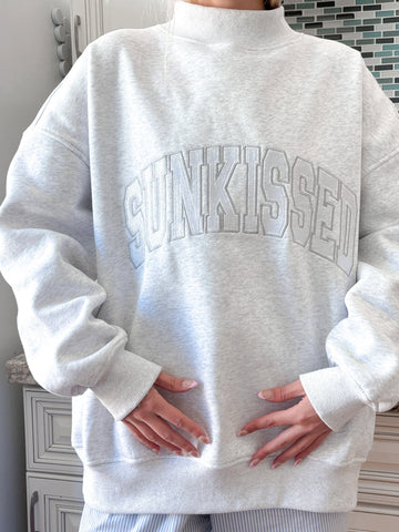 Pearl Grey Mockneck Sweatshirt with Embroidered Varsity Style