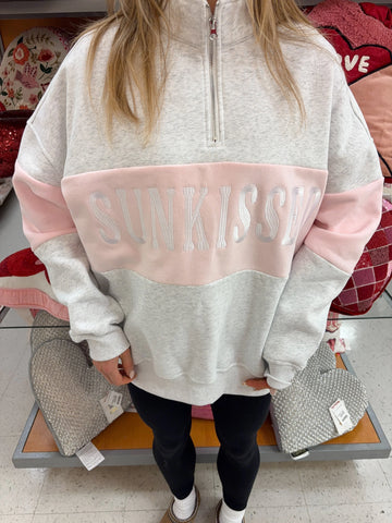 Pearl Grey Quarter Zip Sweatshirt with Pink Floral Embroidery