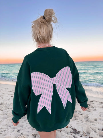 Cozy Striped Sweatshirt with Bow Embroidery for Winter Comfort