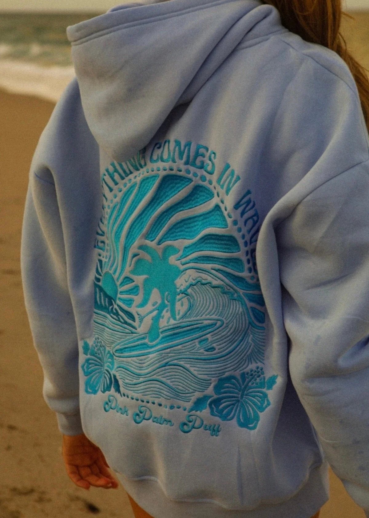 Cozy Embroidered Hoodie in Soft Blue with Inspirational Wave Design