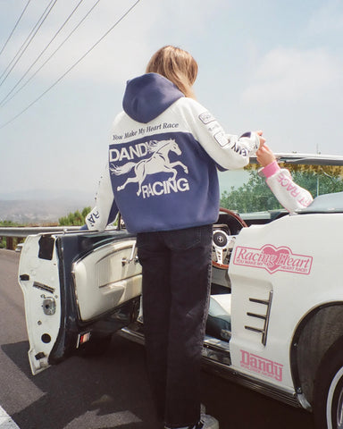 Oversized Blue Hoodie with Racing Heart Patchwork for Effortless Streetwear Style