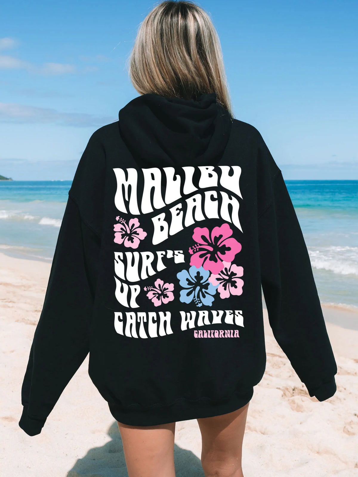 Malibu Beach Surf Hoodie with Hibiscus Flowers for a Cozy Coconut Girl Vibe