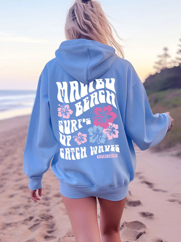 Malibu Beach Surf Hoodie with Hibiscus Flowers for a Cozy Coconut Girl Vibe
