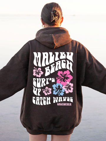 Malibu Beach Surf Hoodie with Hibiscus Flowers for a Cozy Coconut Girl Vibe