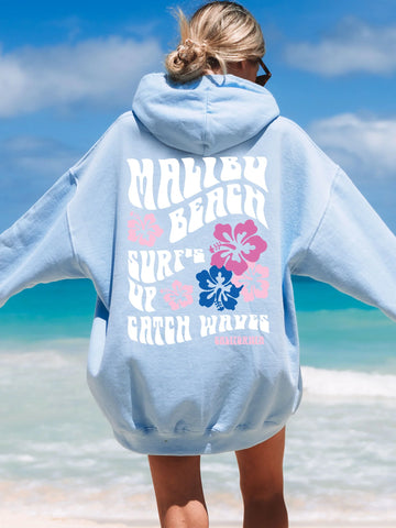 Malibu Beach Surf Hoodie with Hibiscus Flowers for a Cozy Coconut Girl Vibe