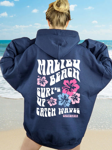 Malibu Beach Surf Hoodie with Hibiscus Flowers for a Cozy Coconut Girl Vibe