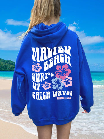 Malibu Beach Surf Hoodie with Hibiscus Flowers for a Cozy Coconut Girl Vibe