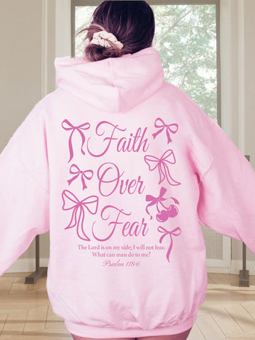 Faith Over Fear Coquette Hoodie with Pink Bows for a Girly Christian Aesthetic