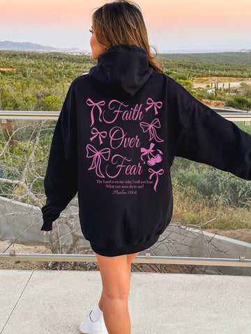 Faith Over Fear Coquette Hoodie with Pink Bows for a Girly Christian Aesthetic